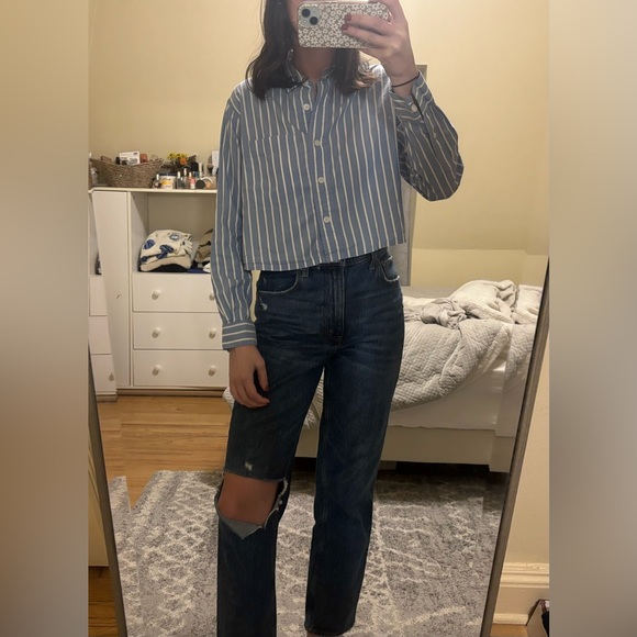 Everlane The Way Short Shirt Silky Cotton Striped Blue White XS - Picture 9 of 11